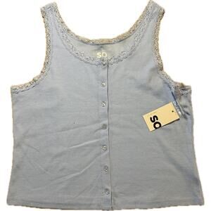 SO Women's Lace Trim Button Front Tank Top Blue Size XL Cotton Blend